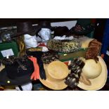 TWO BOXES AND LOOSE LADIES AND GENTS HATS AND LADIES GLOVES, including two straw hats, two felt