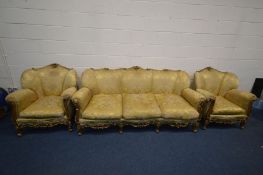 A FRENCH GILTWOOD THREE PIECE SUITE, possibly 19th century, foliate carved detail and cabriole front