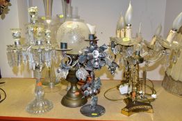 A GROUP OF ELEVEN ASSORTED FLOOR VASES, TABLE LAMPS, OIL LAMP, etc, comprising a modern three branch