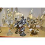 A GROUP OF ELEVEN ASSORTED FLOOR VASES, TABLE LAMPS, OIL LAMP, etc, comprising a modern three branch