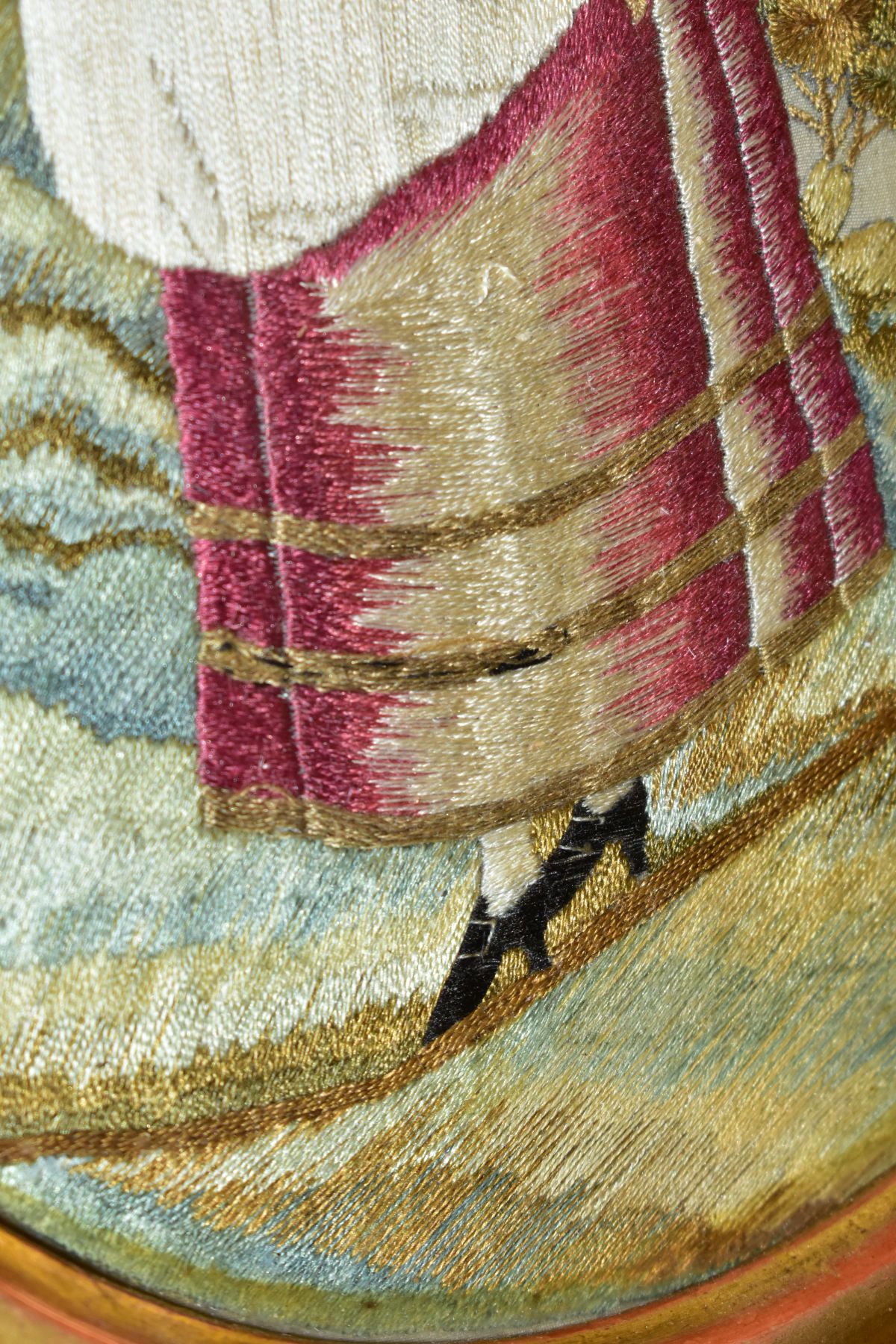 A LATE 18TH CENTURY EMBROIDERED SILKWORK PICTURE OF A LADY HARVESTING CORN, church to the - Image 5 of 5