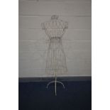A WHITE METAL WIRE FEMALE DRESSMAKERS DUMMY