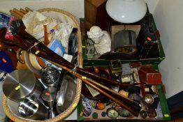 TWO BOXES, A WICKER CRIB AND LOOSE METALWARES, KITCHENALIA, WALKING STICKS, COLLECTABLES, ETC,