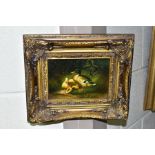 20TH CENTURY SCHOOL, DUCKS WITH DUCKLINGS BESIDE WATER, unsigned, oil on board, gilt framed,