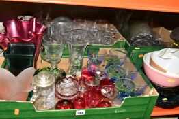 THREE BOXES AND LOOSE GLASSWARE, including a set of eight green and blue sundae glasses, seven