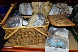 A WICKER BASKET OF SEWING EQUIPMENT AND TWO BOXES OF BUTTONS, CUSHIONS, etc, including part used