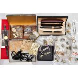 A SELECTION OF COSTUME JEWELLERY, WATCH, PENS AND CIGAR BOX, the jewellery to include a Dyrberg/Kern