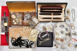 A SELECTION OF COSTUME JEWELLERY, WATCH, PENS AND CIGAR BOX, the jewellery to include a Dyrberg/Kern