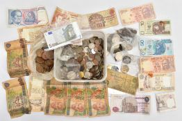 A PLASTIC TUB CONTAINING WORLD COINS AND USED BANKNOTES