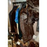 VARIOUS CLOTHING, FURS, SCARVES, SHAWLS, LINEN, ETC, to include two fox fur stoles, a fur coat,