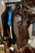 VARIOUS CLOTHING, FURS, SCARVES, SHAWLS, LINEN, ETC, to include two fox fur stoles, a fur coat,