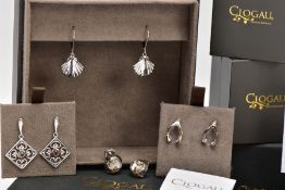 FOUR PAIR OF SILVER CLOGAU EARRINGS, to include a pair of 'Wishbone' earrings, each set with two