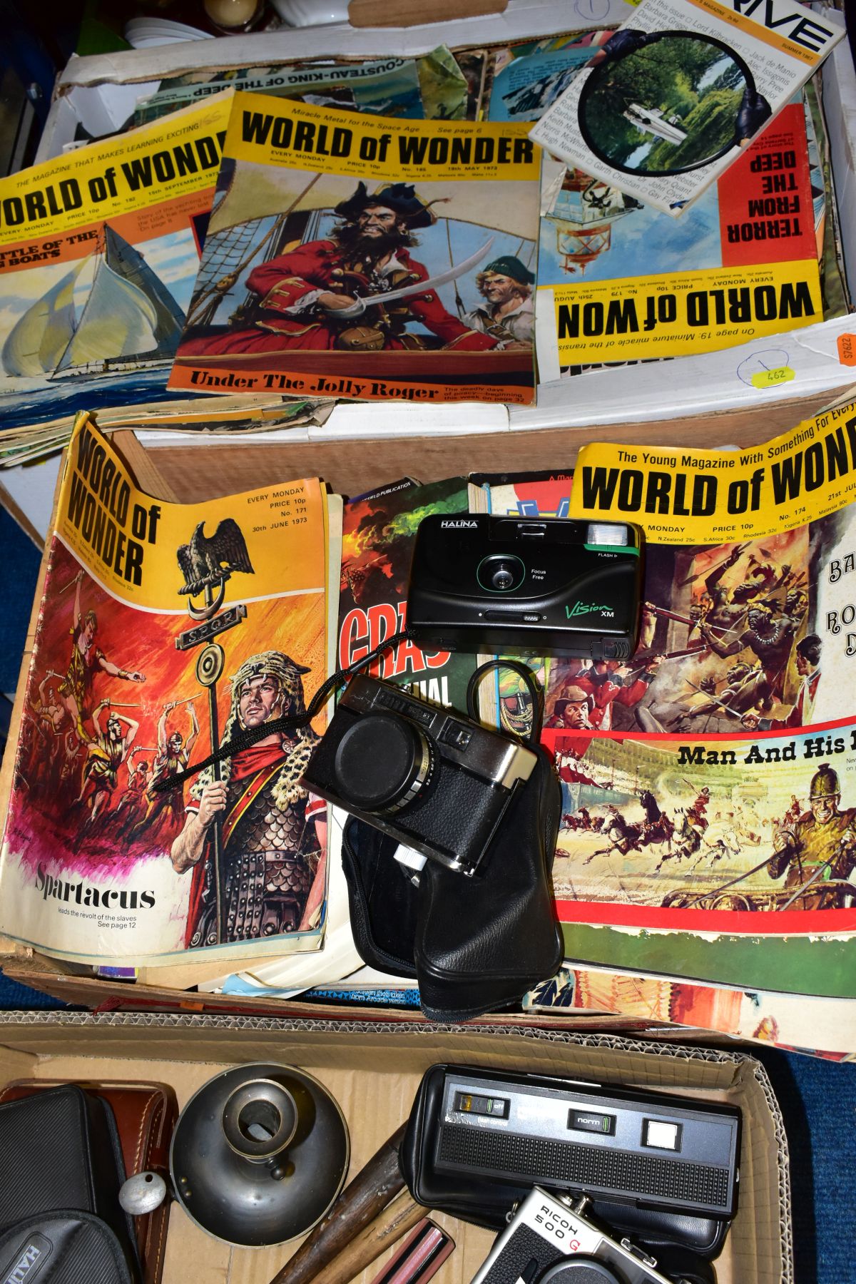 THREE BOXES OF CAMERAS, MAGAZINES AND BOOKS, etc, cameras to include Ricoh 500 G film camera, a - Image 4 of 4