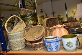 A QUANTITY OF WICKER BASKETS, CERAMIC VASES AND PLANTERS, etc, to include six assorted card filing