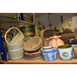 A QUANTITY OF WICKER BASKETS, CERAMIC VASES AND PLANTERS, etc, to include six assorted card filing