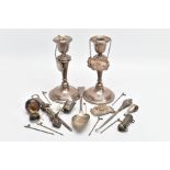 A SELECTION OF SILVER ITEMS, to include a pair of candlesticks, plain design with banding at each