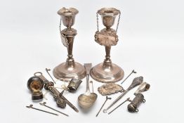 A SELECTION OF SILVER ITEMS, to include a pair of candlesticks, plain design with banding at each