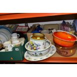 THREE BOXES AND LOOSE CERAMICS, GLASS , ORNAMENTS, KITCHEN ITEMS, ETC, to include Denby (
