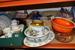 THREE BOXES AND LOOSE CERAMICS, GLASS , ORNAMENTS, KITCHEN ITEMS, ETC, to include Denby (