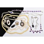 A SELECTION OF GEM JEWELLERY, to include two single strand uniform cultured pearl necklaces, one