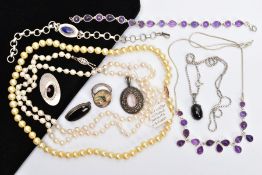 A SELECTION OF GEM JEWELLERY, to include two single strand uniform cultured pearl necklaces, one