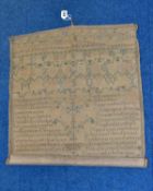 A NEEDLEWORK SAMPLER, coarse linen ground worked in cotton with alphabets, numerals, verse, vase