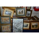 TWO BOXES OF PAINTINGS AND PRINTS to include a Suffolk watercolour landscape signed S.Heath, Chinese