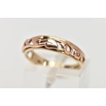 A 9CT GOLD CLOGAU RING, the tapered band with openwork 'Tree of Life,' design to the front half