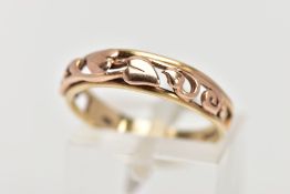 A 9CT GOLD CLOGAU RING, the tapered band with openwork 'Tree of Life,' design to the front half
