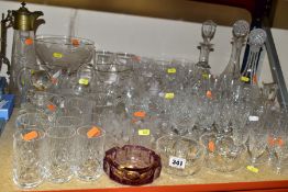 A QUANTITY OF CUT AND ETCHED GLASSWARE, etc, including a late Victorian conical claret jug with worn