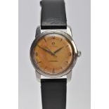 A HAND WOUND OMEGA SEAMASTER WRISTWATCH, discoloured dial with Arabic markers quarterly and