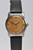 A HAND WOUND OMEGA SEAMASTER WRISTWATCH, discoloured dial with Arabic markers quarterly and