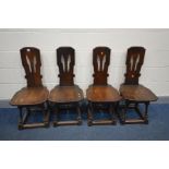 A SET OF SIX EARLY TO MID 20TH CENTURY OAK ECCLESIASTICAL CHAIRS (splits to seat and back of some