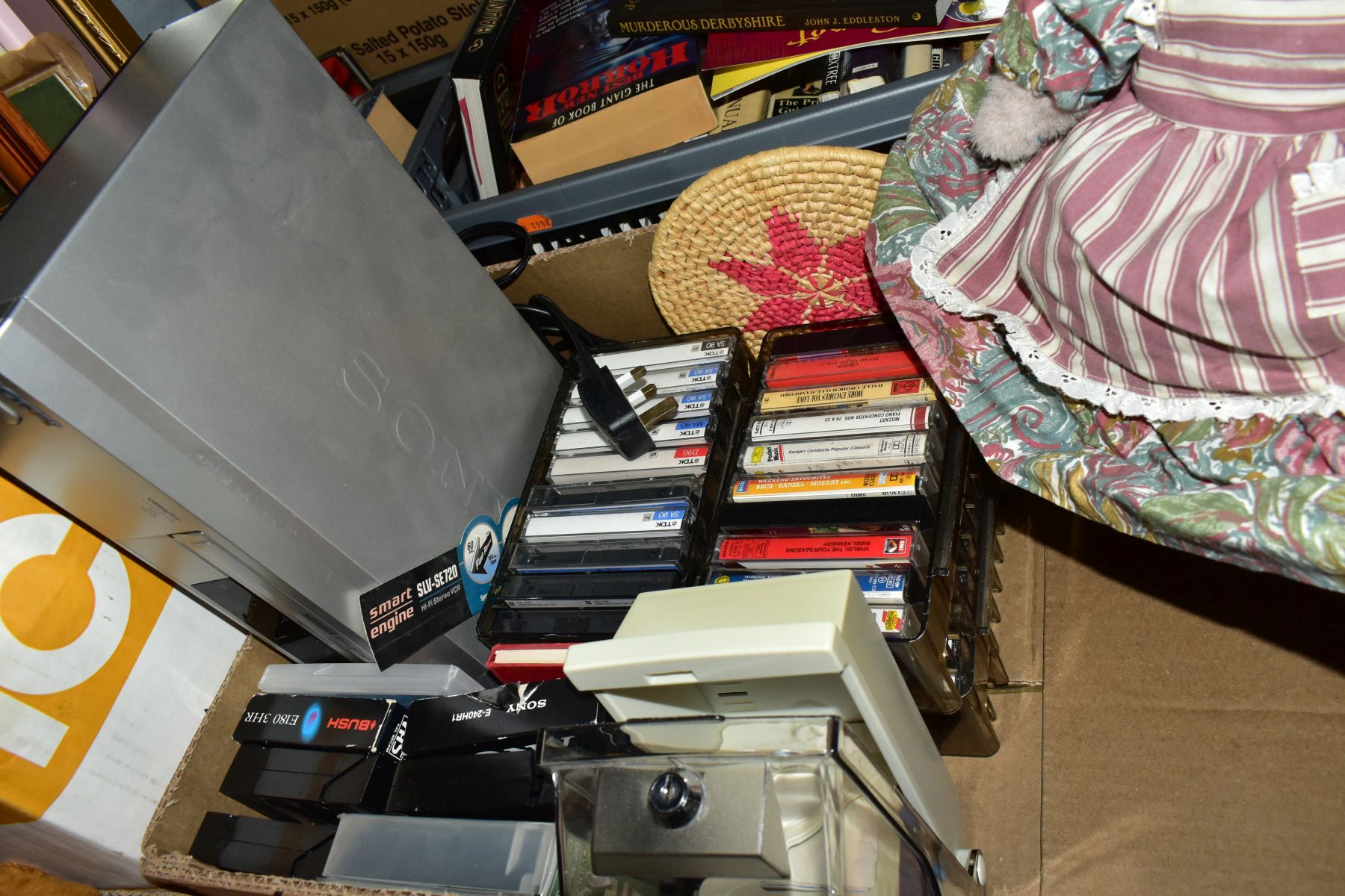 FIVE BOXES OF MISCELLANEOUS ITEMS, BOOKS, ANNIVERSARY CLOCK, PICTURES AND PRINTS, GAMES, VHS - Image 9 of 12