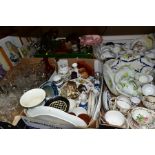 FIVE BOXES AND LOOSE CERAMICS, GLASSWARES, SUNDRIES, PICTURES, ETC, to include a pair of plated