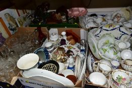 FIVE BOXES AND LOOSE CERAMICS, GLASSWARES, SUNDRIES, PICTURES, ETC, to include a pair of plated