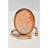 A 9CT GOLD CAMEO BROOCH AND TRI-COLOUR TORQUE BANGLE, the oval shell cameo depicting a lady in