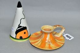 A SHELLEY HARMONY DRIPWARE CHAMBERSTICK AND A LORNA BAILEY 'DINGLE COTTAGE' SUGAR CASTOR, the