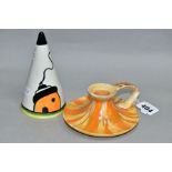 A SHELLEY HARMONY DRIPWARE CHAMBERSTICK AND A LORNA BAILEY 'DINGLE COTTAGE' SUGAR CASTOR, the