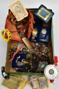 A BOX OF MAINLY COSTUME JEWELLERY, to include a silver curb link chain, a Lorus wristwatch,