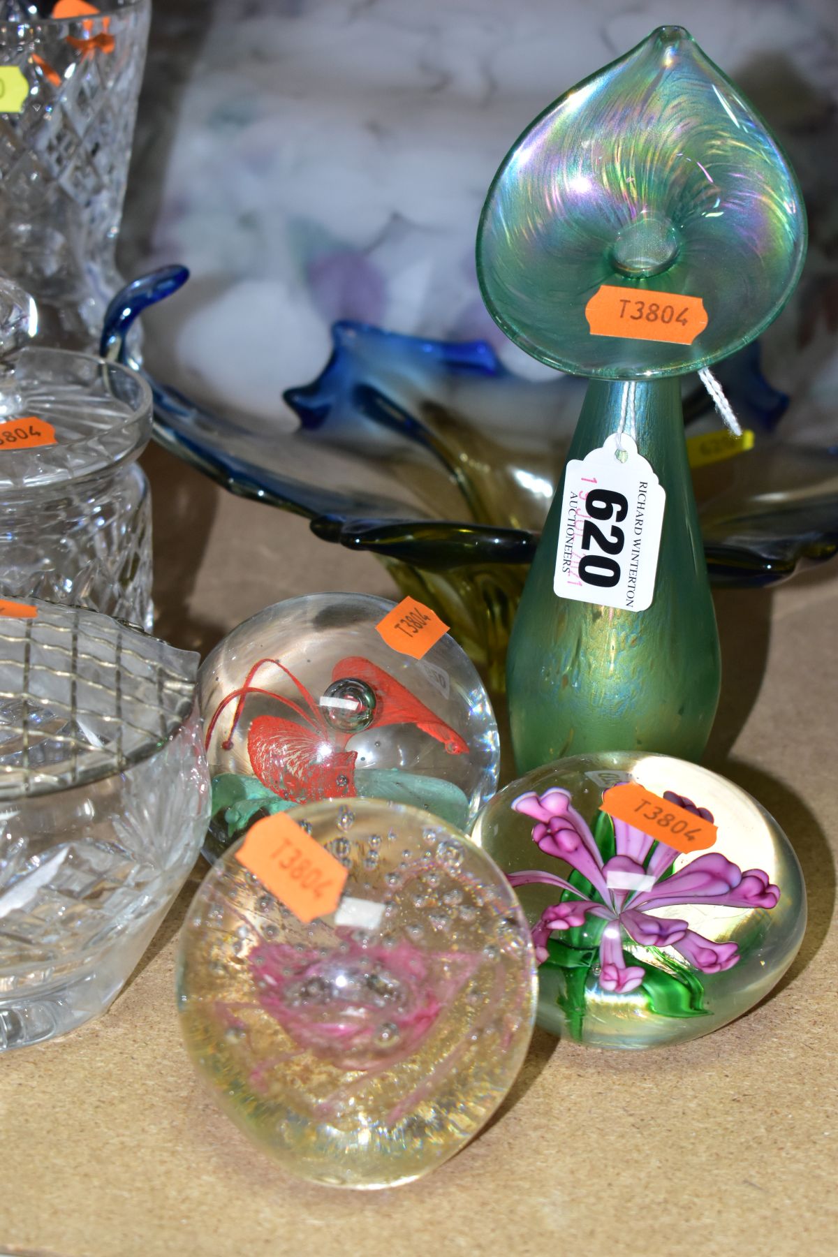 A SMALL GROUP OF GLASSWARE, including two glass light shades, three modern paperweights, a modern - Image 2 of 7