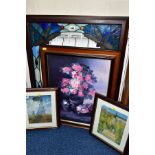 THREE MODERN COLOUR PRINTS AND A LEADED GLASS FRAME, the oval frame with dragonflies to the four