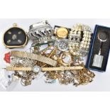 A SELECTION OF MAINLY COSTUME JEWELLERY, to include a table lighter, a purse, a watch, various