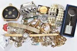 A SELECTION OF MAINLY COSTUME JEWELLERY, to include a table lighter, a purse, a watch, various