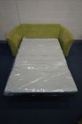 A DFS GREEN UPHOLSTERED TWO SEATER SOFA BED, inner width 132cm x outer width 183cm