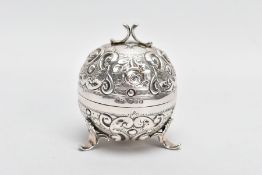 A LATE VICTORIAN SILVER STRING BOX, of spherical outline, embossed with scrolling acanthus leaf