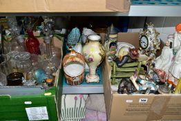 TWO BOXES AND LOOSE CERAMICS AND GLASSWARE, including a Victorian Staffordshire pottery flatback