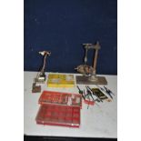 A SELECTION OF ENGINEERS THREADING AND MARKING TOOLS including a vintage adjustable tapping stand
