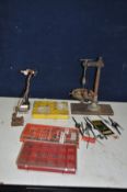 A SELECTION OF ENGINEERS THREADING AND MARKING TOOLS including a vintage adjustable tapping stand