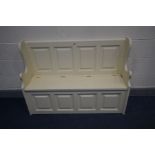 A CREAM PAINTED HALL SETTLE, width 122cm x depth 35cm x height 90cm